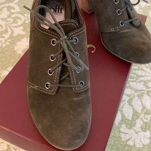 Greenish grey suede lace up heeled shoe